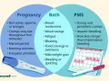 Wykres porównuje objawy ciąży i PMS. Ból menstruacyjny nie do zniesienia, silne skurcze i obfite krwawienie to objawy PMS.