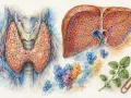Anatomical illustration of thyroid and liver, with molecules and herbs. Może to być wskazówka, jak leczyć niskie SHBG.