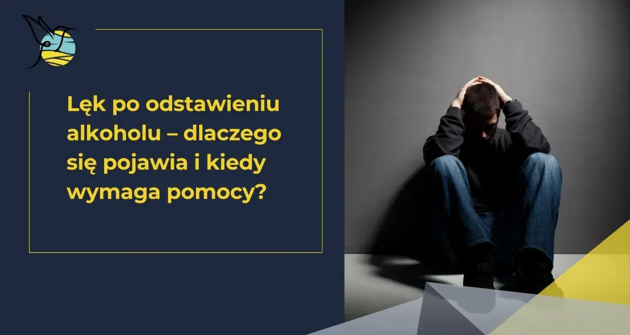 Mężczyzna siedzi skulony, trzymając się za głowę. Tekst informuje o lękach po alkoholu i kiedy potrzebna jest pomoc.