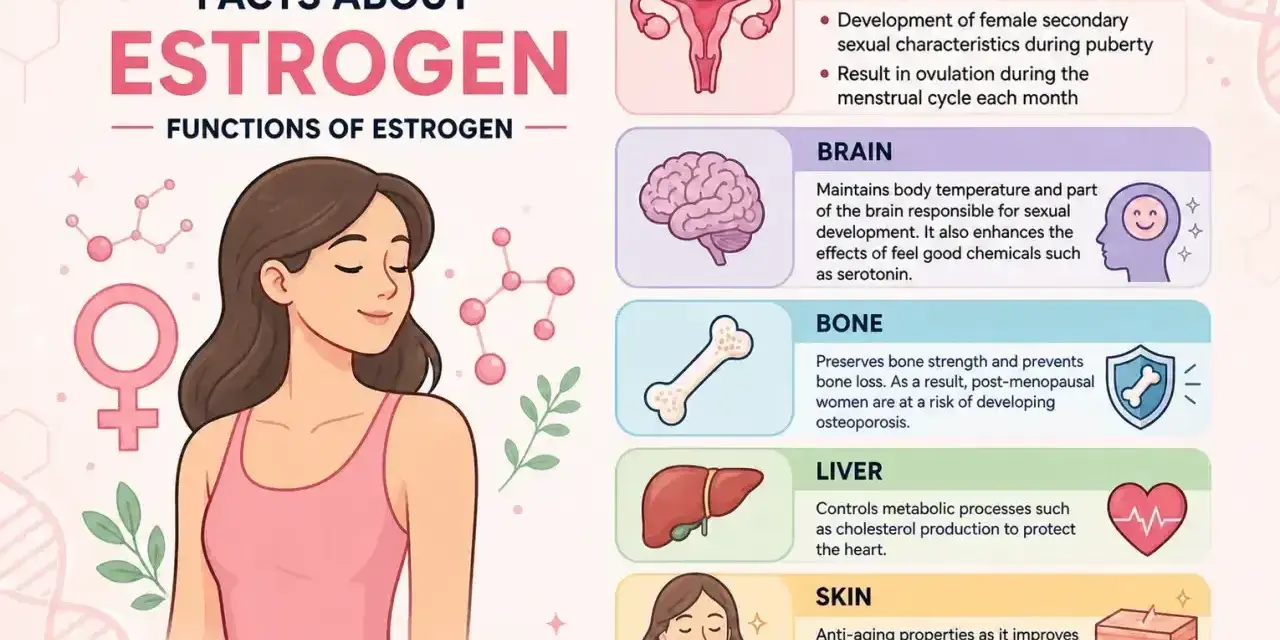 Estrogen co to? Wyjaśnienie funkcji estrogenu: reprodukcja, mózg, kości, wątroba, skóra. Ilustracja kobiety i schematów.