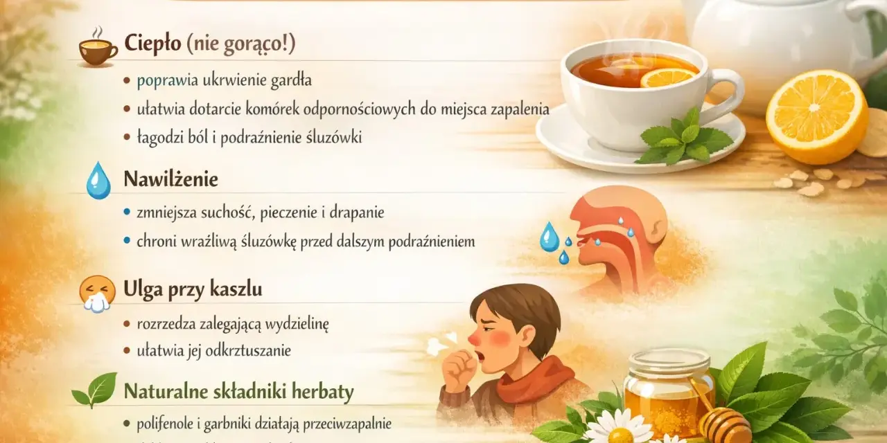 Herbata na ból gardła: ciepło łagodzi, nawilża, pomaga przy kaszlu. Naturalne składniki działają przeciwzapalnie, zmniejszają obrzęk i ból.