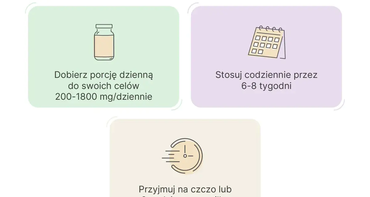 Jak stosować kwas ALA? Dobierz porcję 200-1800 mg/dzień, stosuj 6-8 tygodni codziennie, najlepiej na czczo lub 2h po posiłku.