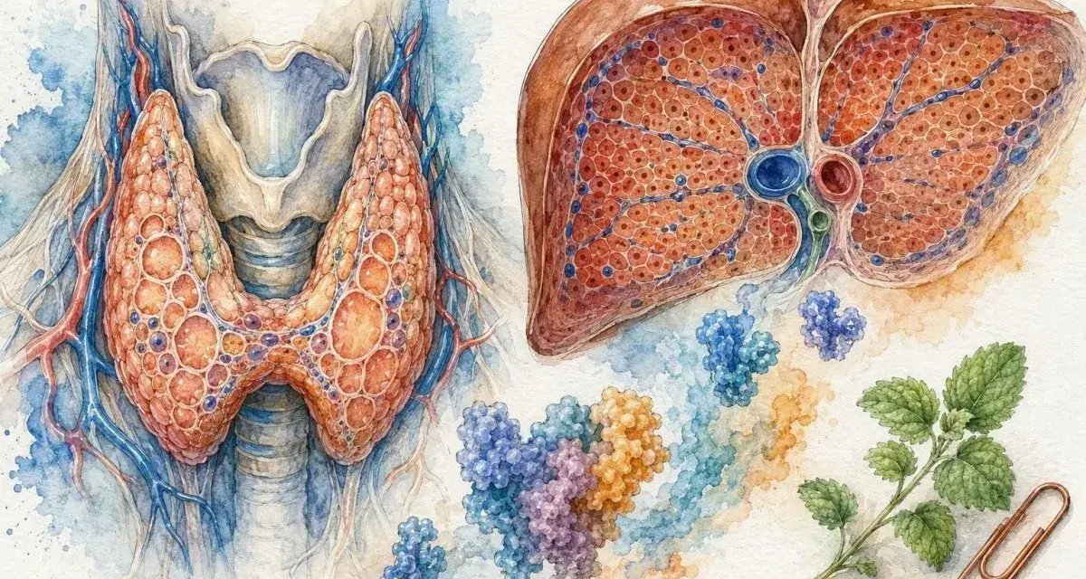 Anatomical illustration of thyroid and liver, with molecules and herbs. Może to być wskazówka, jak leczyć niskie SHBG.