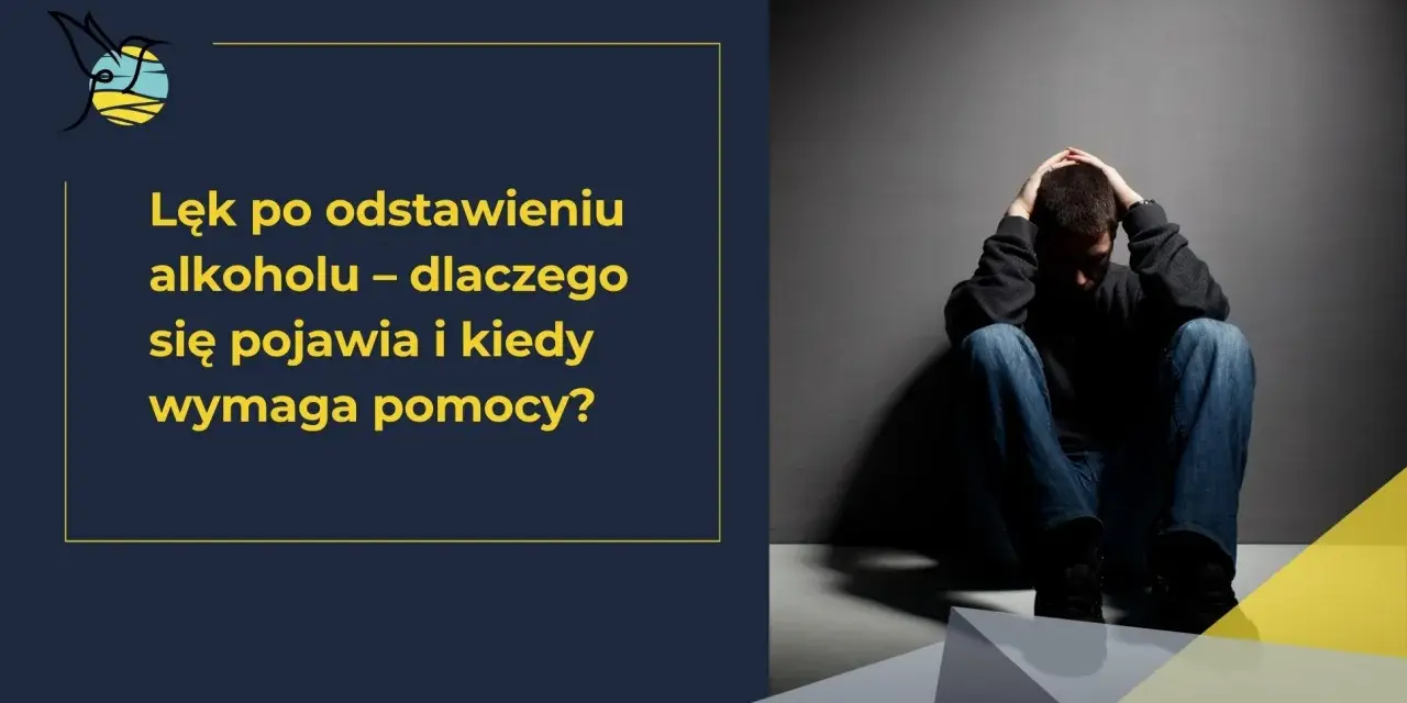 Mężczyzna siedzi skulony, trzymając się za głowę. Tekst informuje o lękach po alkoholu i kiedy potrzebna jest pomoc.
