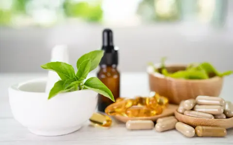 Naturalne suplementy, w tym ashwagandha, wymagają wiedzy, z czym nie łączyć, by uniknąć interakcji. Na zdjęciu zioła, kapsułki i olejki.