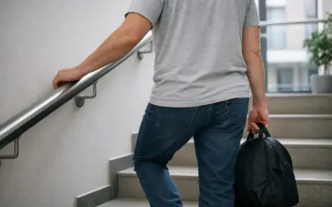 Mężczyzna z torbą idzie po schodach, podpierając się poręczy. To jego pierwsze samodzielne chodzenie po operacji wyrostka.