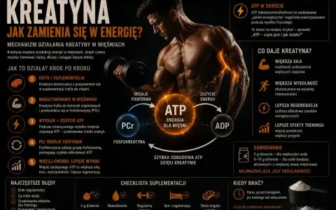 Kreatyna daje siłę, wydolność i regenerację, nawet bez treningu. Pomaga odbudować ATP, paliwo dla mięśni.