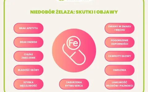 Niedobór żelaza objawy: brak apetytu, energii, ciągłe zmęczenie, bladość skóry, szybka męczliwość, zmiany smaku, pogorszenie odporności, zawroty głowy, omdlenia, łamliwość włosów i paznokci.