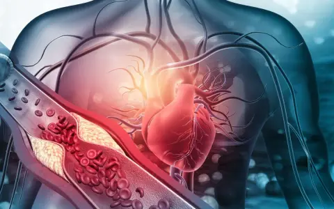 Zatkana tętnica z cholesterolem i czerwonymi krwinkami, obok czerwonego serca. Zrozumienie, po której stronie serce, jest kluczowe dla zdrowia.