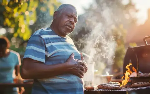 Mężczyzna z bólem w klatce piersiowej przy grillu. Może szuka czegoś, co neutralizuje kwas żołądkowy po obfitym posiłku.