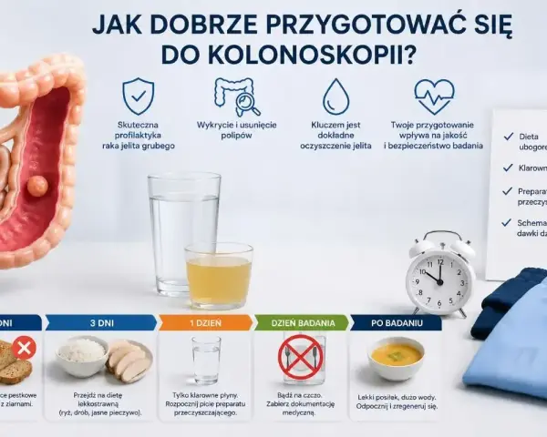 Jak przygotować się do kolonoskopii? Unikaj pieczywa z ziarnami i owoców pestkowych 7 dni przed badaniem. Stosuj dietę lekkostrawną i klarowne płyny.