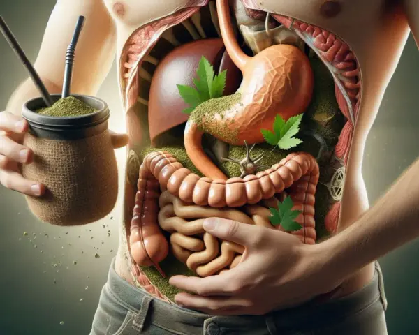 Wnętrze człowieka z trawą yerba mate, sugerujące yerba mate - właściwości negatywne.
