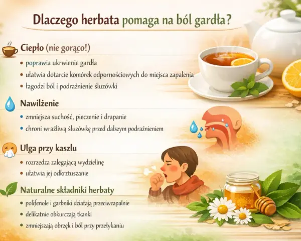 Herbata na ból gardła: ciepło łagodzi, nawilża, pomaga przy kaszlu. Naturalne składniki działają przeciwzapalnie, zmniejszają obrzęk i ból.
