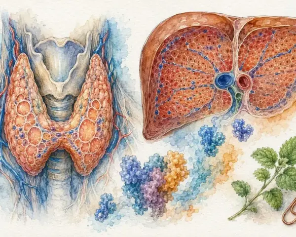 Anatomical illustration of thyroid and liver, with molecules and herbs. Może to być wskazówka, jak leczyć niskie SHBG.