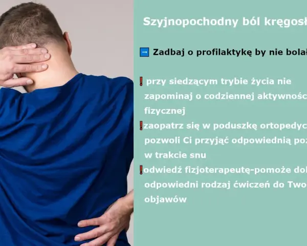 Mężczyzna z bólem karku i pleców. Objawy bólu głowy od kręgosłupa szyjnego mogą być łagodzone przez aktywność fizyczną i poduszkę ortopedyczną.