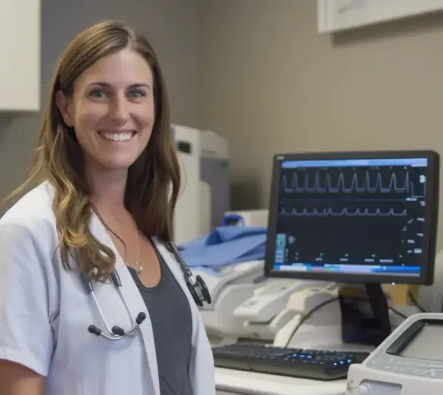 Lekarka z uśmiechem przy monitorze EKG, który pokazuje zapis serca. Czy nerwica serca wyjdzie na EKG?