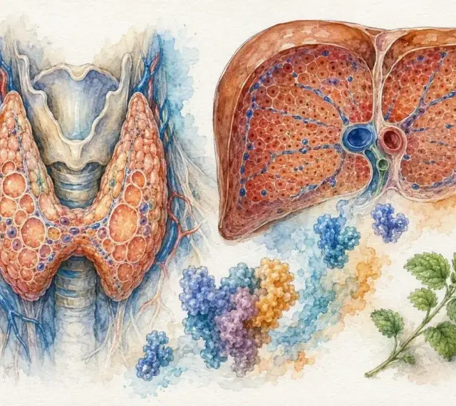 Anatomical illustration of thyroid and liver, with molecules and herbs. Może to być wskazówka, jak leczyć niskie SHBG.