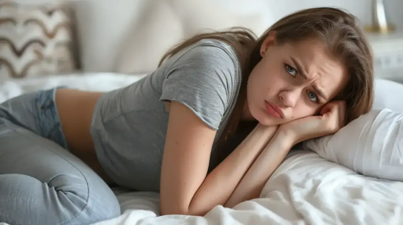 Młoda kobieta leży na łóżku, zmartwiona i zgarbiona. Jej wyraz twarzy sugeruje, że cierpi z powodu bólu menstruacyjnego nie do zniesienia.