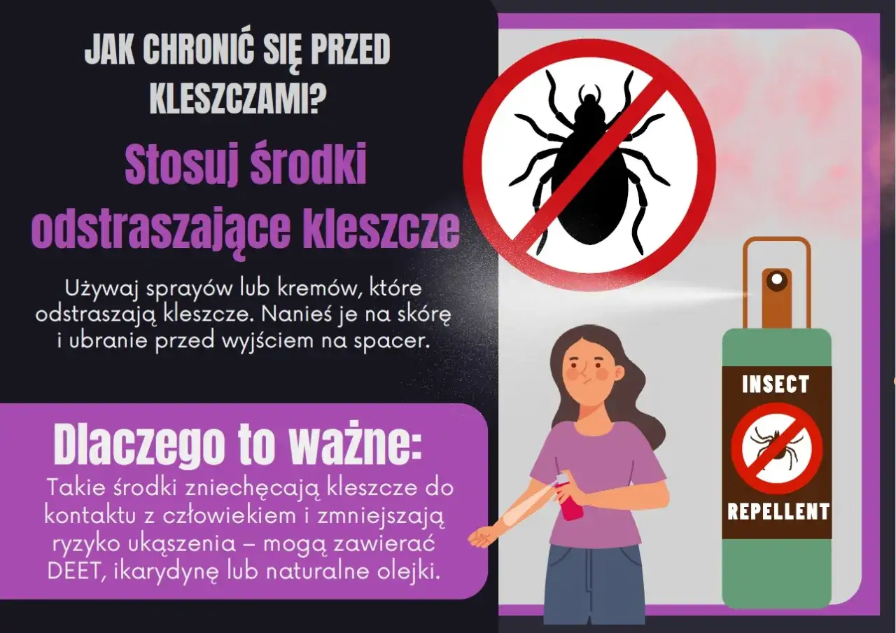 Kobieta stosuje spray na kleszcze, który zawiera DEET. Zapewnia ochronę przed ukąszeniami.