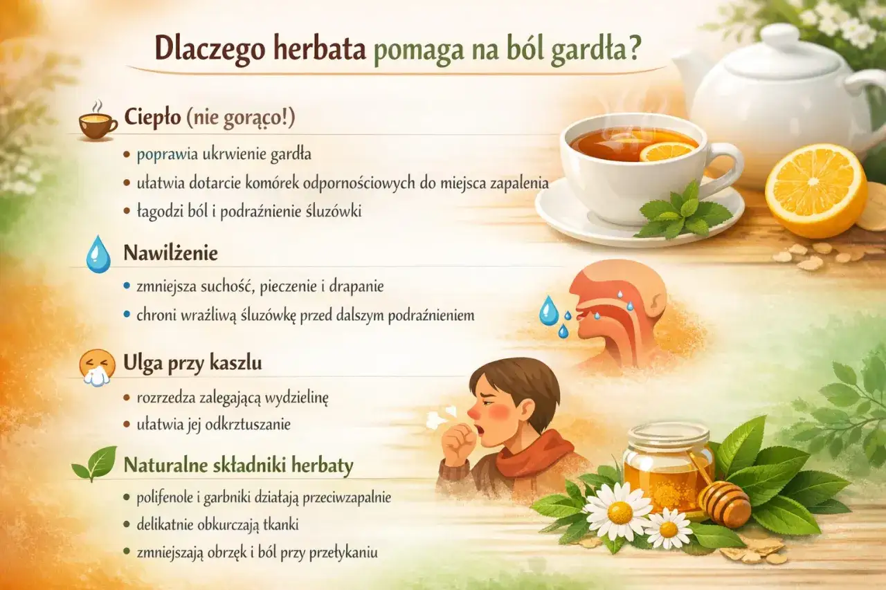 Herbata na ból gardła: ciepło, nawilżenie i ulga przy kaszlu dzięki naturalnym składnikom. Obrazek pokazuje filiżankę herbaty, cytrynę, miód i zioła.