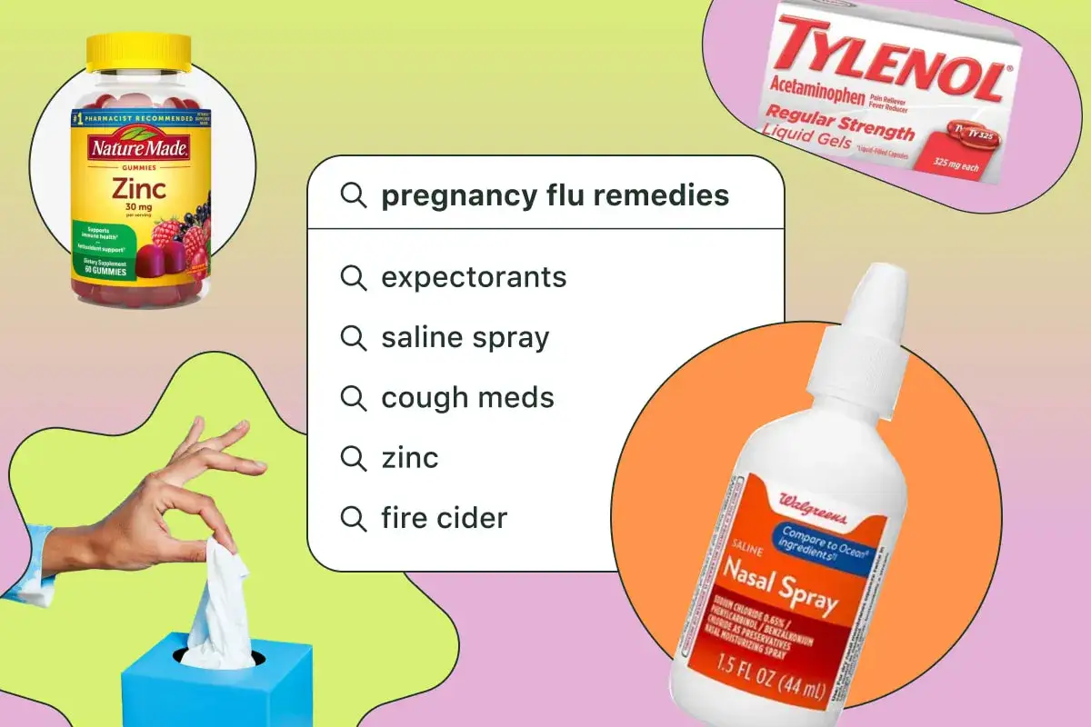 Szukasz co na katar w ciąży? Na zdjęciu widać spray do nosa, Tylenol, gumy z cynkiem i chusteczki.