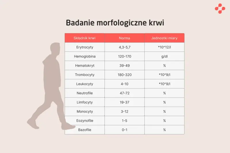 Tabela z badaniem morfologicznym krwi: erytrocyty, hemoglobina, hematokryt, trombocyty, leukocyty, neutrofile, limfocyty, monocyty, eozynofile, bazofile. Wartości normy i jednostki miary. CRP co to?
