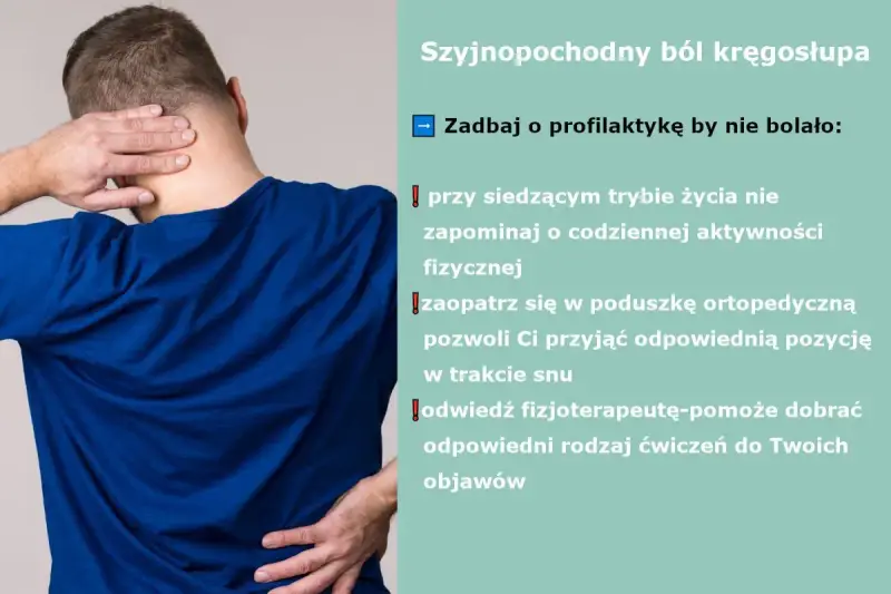 Mężczyzna z bólem karku i pleców. Objawy bólu głowy od kręgosłupa szyjnego mogą być łagodzone przez aktywność fizyczną i poduszkę ortopedyczną.